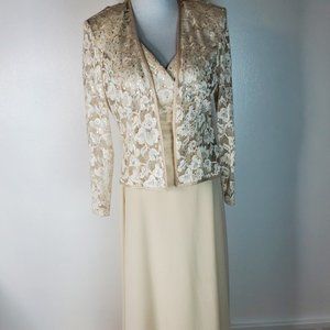 R & M Collection 2 Piece Sequin Formal Evening Gown Dress Size 8 Cream Beige EUC